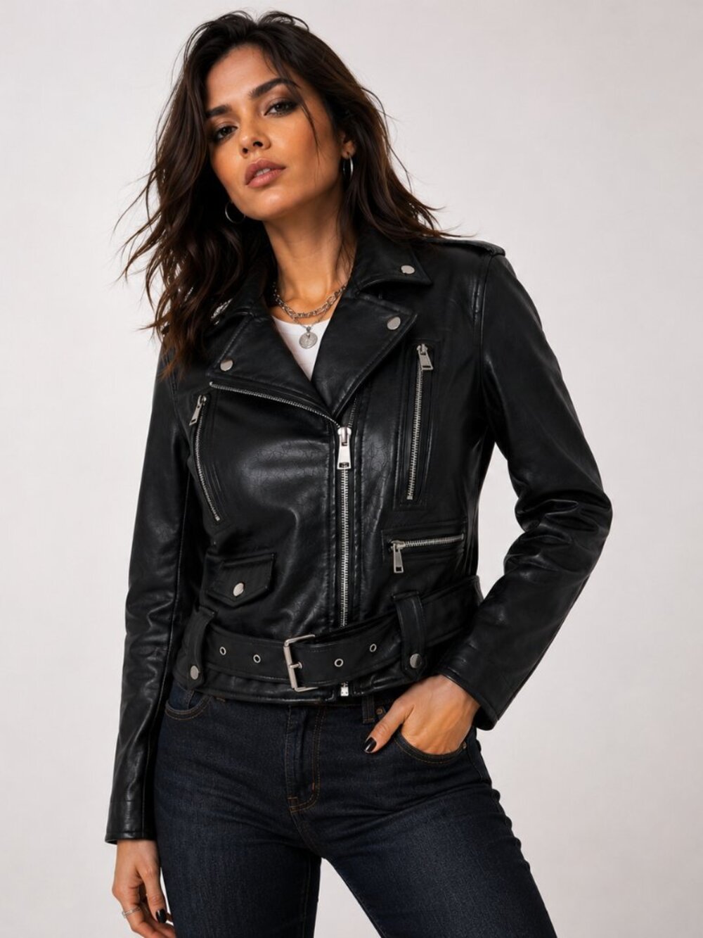 WSZ Women’s Black Moto Jacket Faux Leather Belted Biker Jacket Size Small NWT